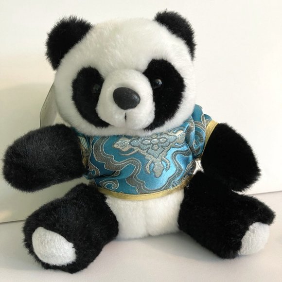 NWT Vintage Longbo Li Ming 11.5 " Plush Panda - Blue Silk Shirt- Original Tags - Picture 1 of 5